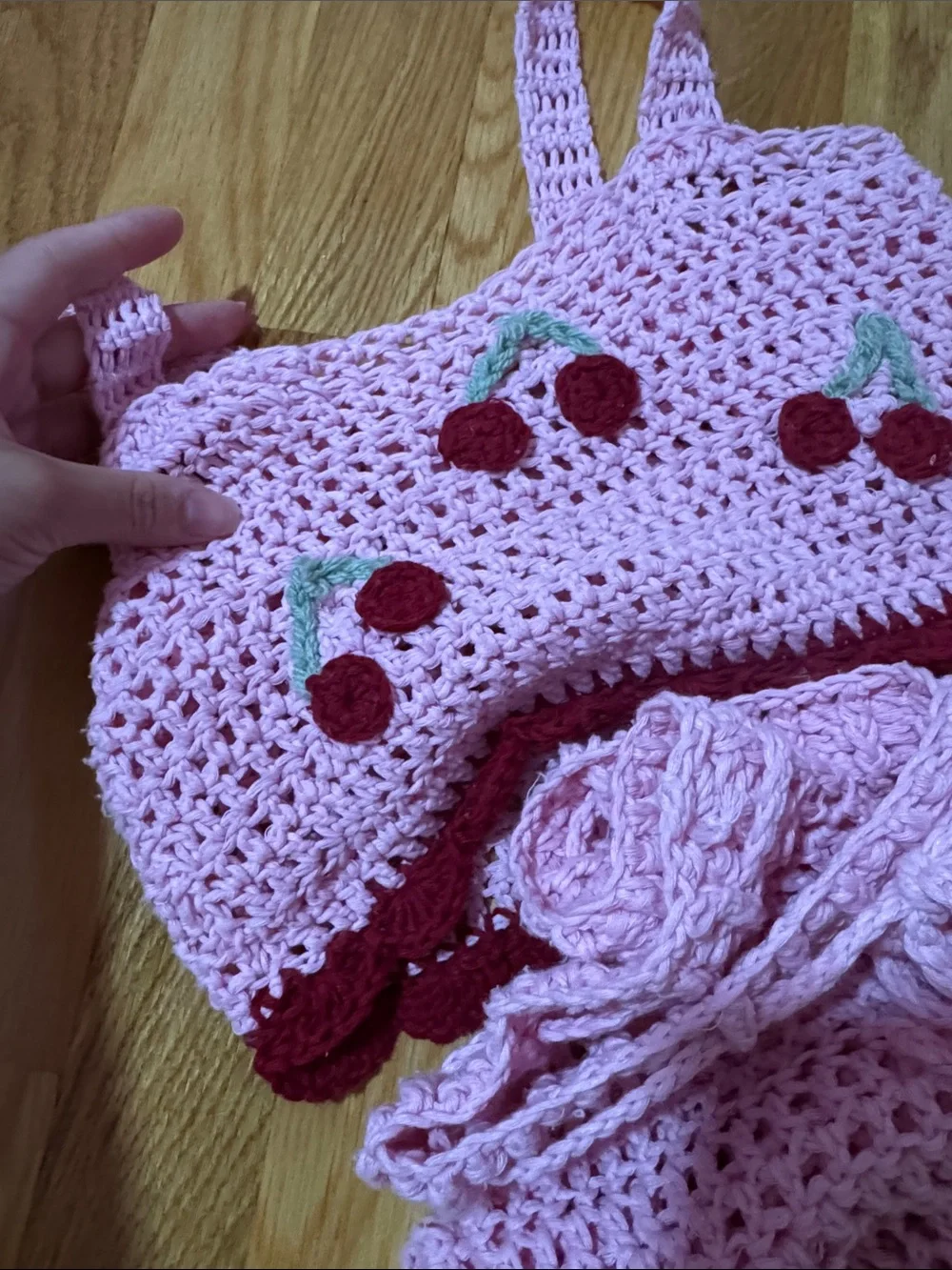 Pink Crochet Cherry Crop Top & Pants Set